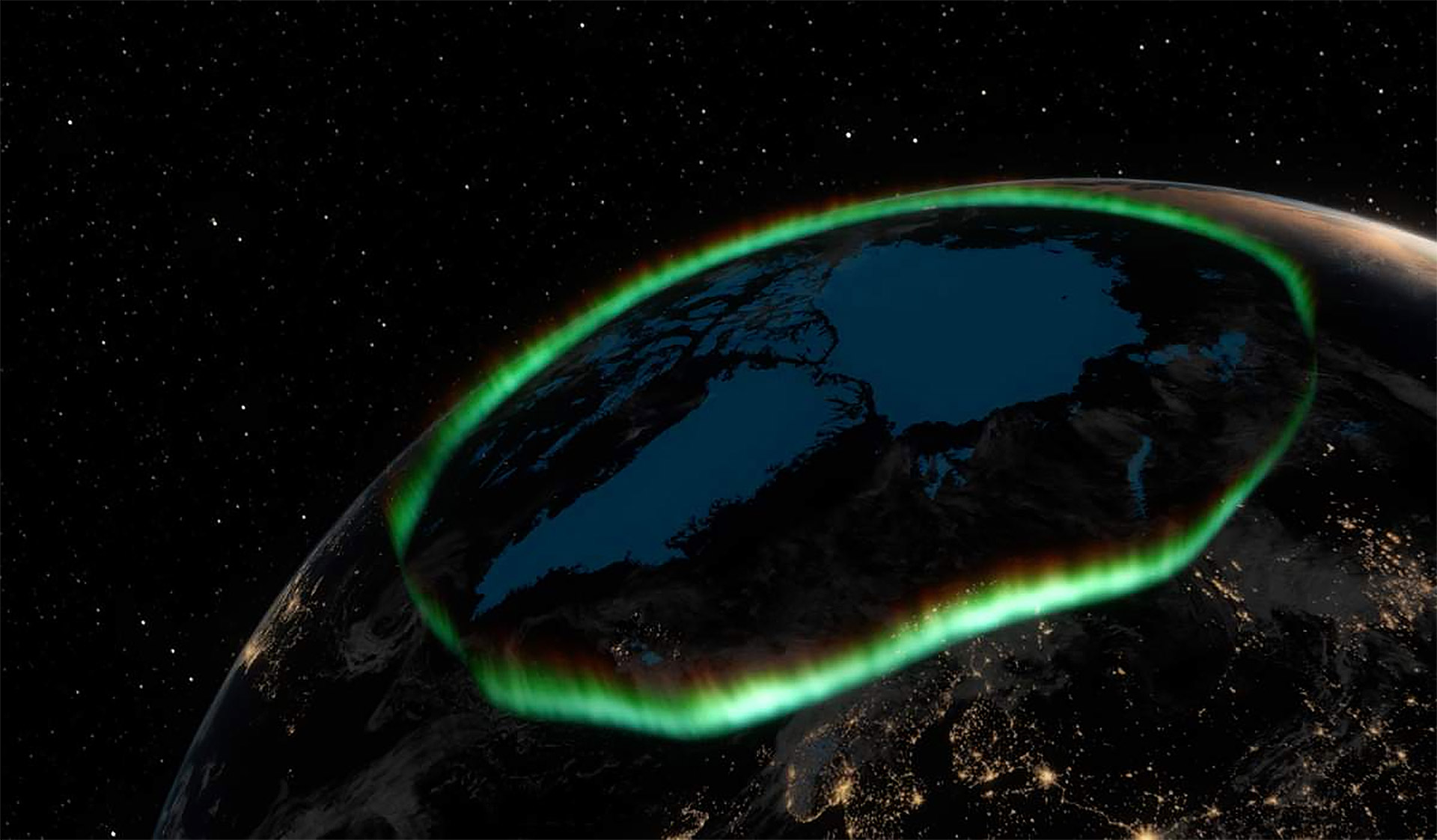 Jorda med nordlysoval sett fra verdensrommet.