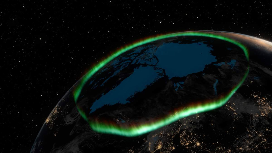 Jorda med nordlysoval sett fra verdensrommet.