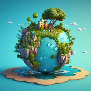 Miniplanet med trær vann og hus.